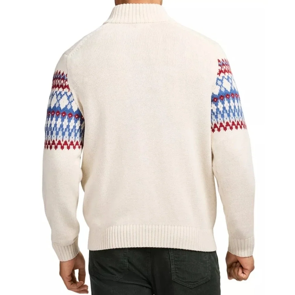 IZOD Mens 2XB NEW Fair Isle Christmas Holiday Winter Quarter Zip Sweater Cream